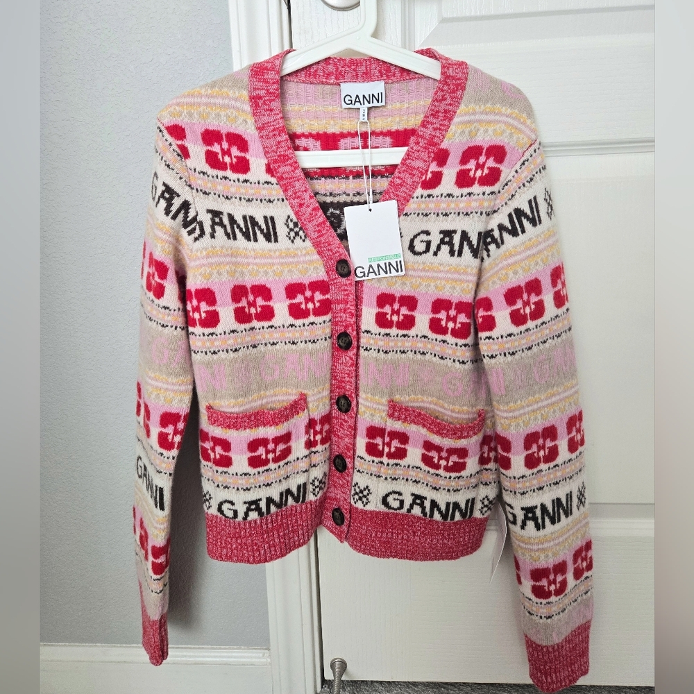 NWT Ganni Multicolor Logo Patterned Wool Blend Cardigan